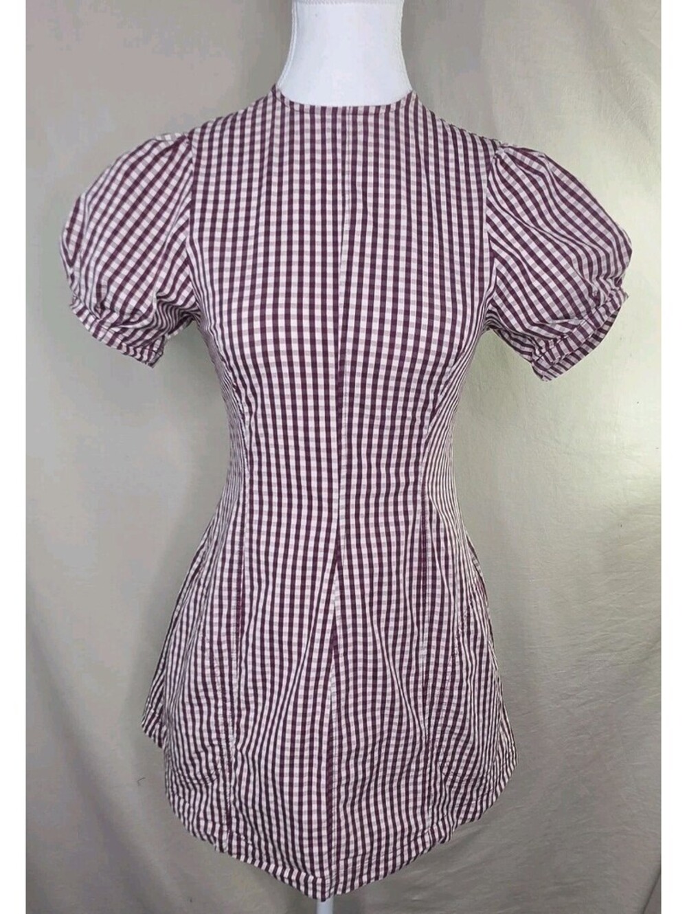 WEWOREWHAT Gingham Puff Sleeve Dress S Red Peplum Pockets